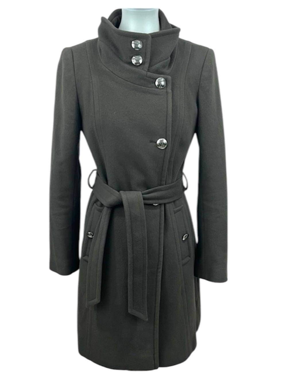Vintage Y2K Tahari Olive Grey Tusk Wool Portrait Collar Belted Pea Trench Coat